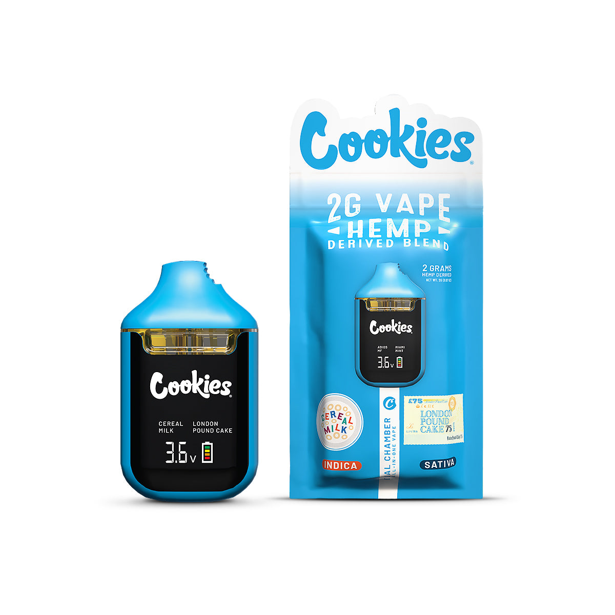 DUAL CHAMBER VAPE HEMP DERIVED 2MG CEREAL MILK & LONDON POUND CAKE 75 COOKIES