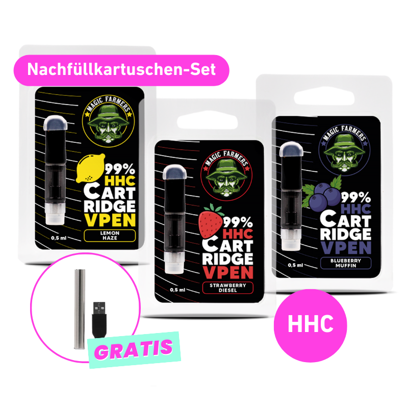 HHC Vape Set of 3: Lemon Haze/Strawberry Diesel/Blueberry Muffin 99% HHC (3x0,5ml) + FREE Battery